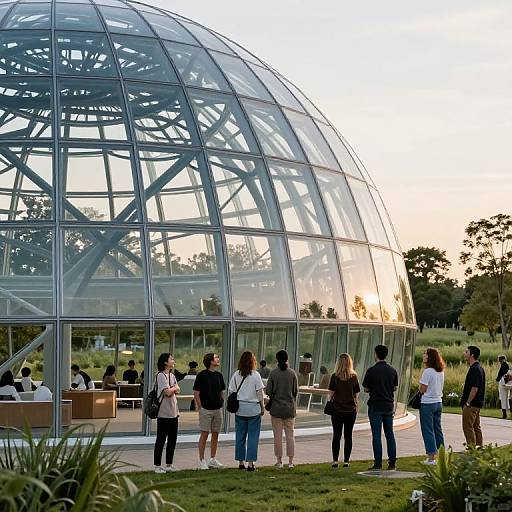 Photograph of a group of diverse people standing outside a modern glass domed building at sunset, with lush greenery and trees in the background.