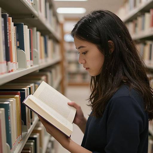 Photograph of a young woman with long dark hair, wearing a black shirt, reading a book in a library aisle.