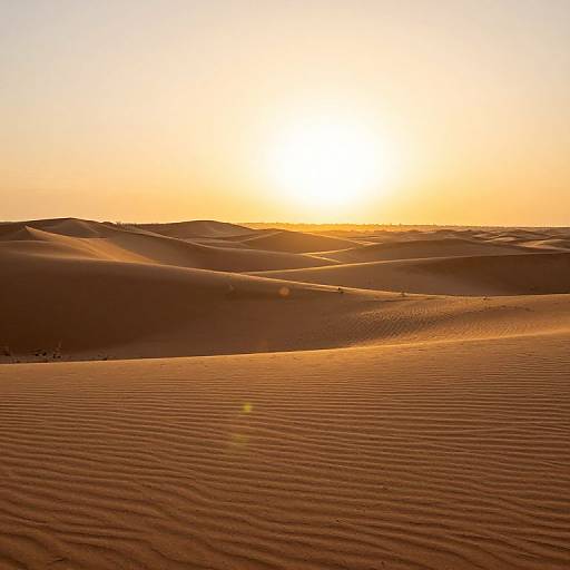 Sunset over a vast, rippled desert landscape with golden sand dunes and a bright, glowing sun in the clear sky.