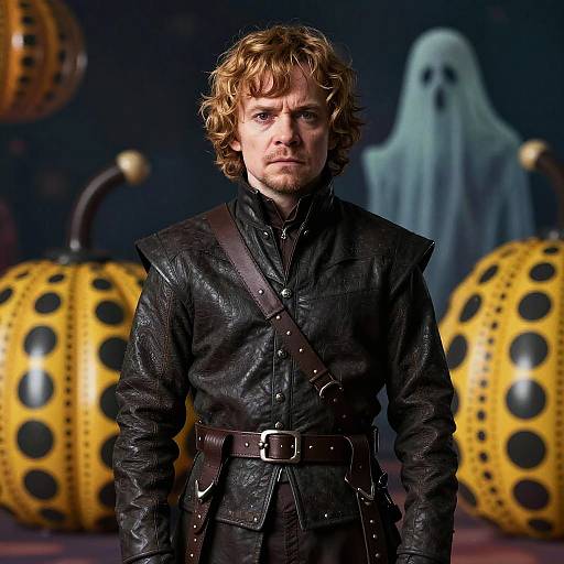 Photograph of a serious, curly-haired man in black leather jacket with belt, standing in front of large, yellow, spotted pumpkins and a ghost