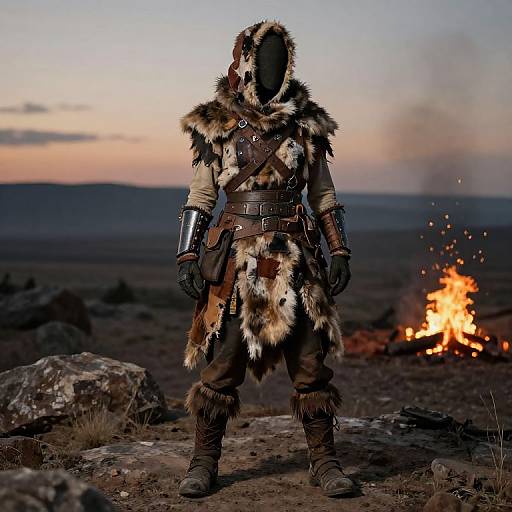 Photograph of a masked warrior in fur cloak, leather armor, and metal bracers standing near a burning fire in a barren, rocky desert at sunset