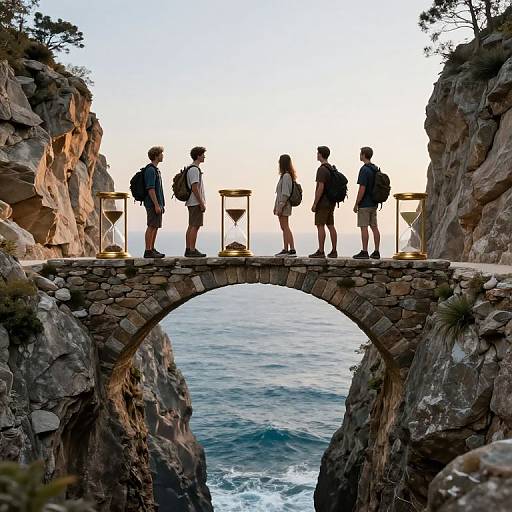 Travelers on Stone Bridge with Hourglasses
