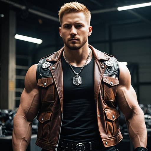 Muscular Man in Brown Leather Vest with Dog Tags
