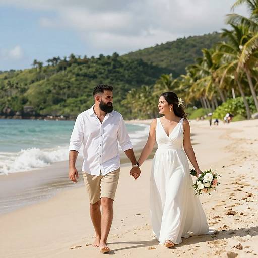 Photograph of a bearded man in a white shirt and khaki shorts, and a woman in a white dress holding hands on a sunny, tropical