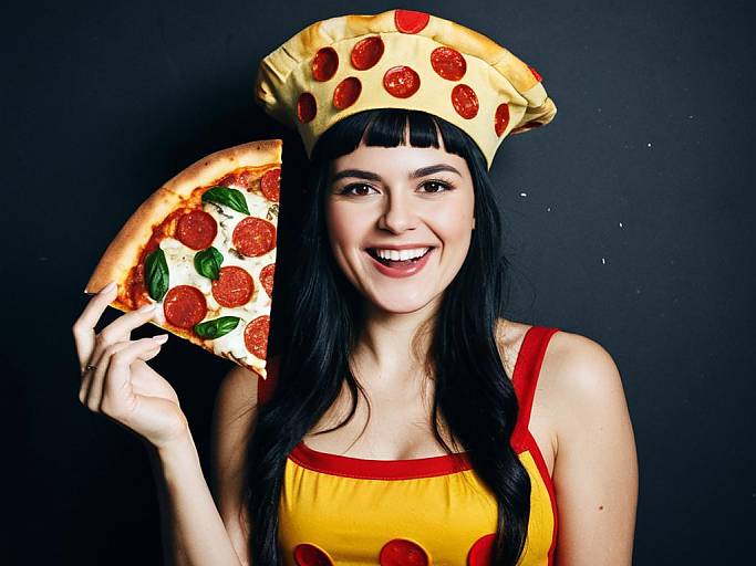 Photograph of a smiling woman with black hair, wearing a yellow pizza hat and apron, holding a pepperoni pizza slice against a black background.