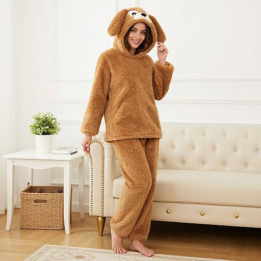 Photograph of a smiling woman in a fluffy, brown, dog-themed onesie with ears, standing in a bright, modern living room.
