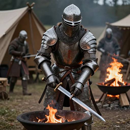 Photograph of a medieval knight in silver armor, holding a sword over a fiery cauldron, with tents and fellow armored figures in the blurred background