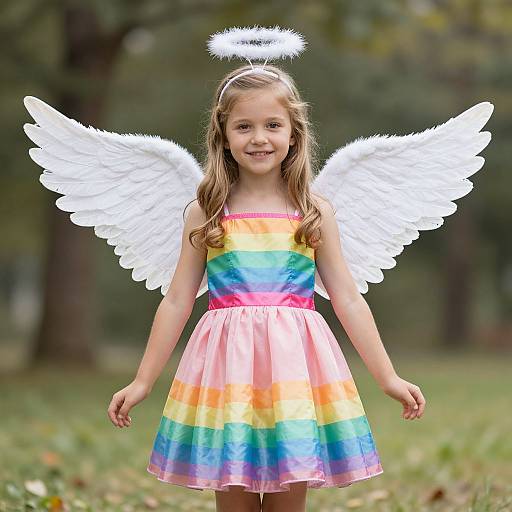 Photograph of a young girl with angel wings, halo, and rainbow dress, smiling in a grassy park background.