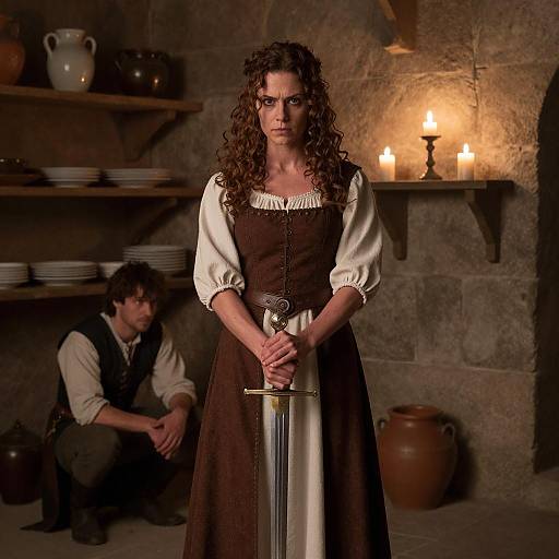 Medieval Warrior Woman in Candlelit Room