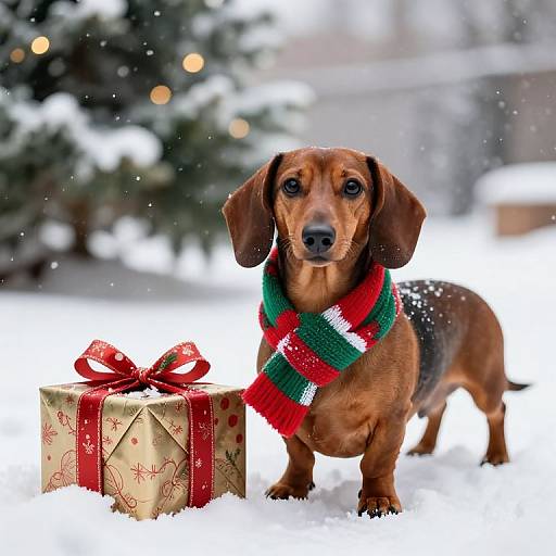 Photograph of a brown dachshund wearing a green and red striped scarf, standing in snow beside a gold gift box with red ribbon, with