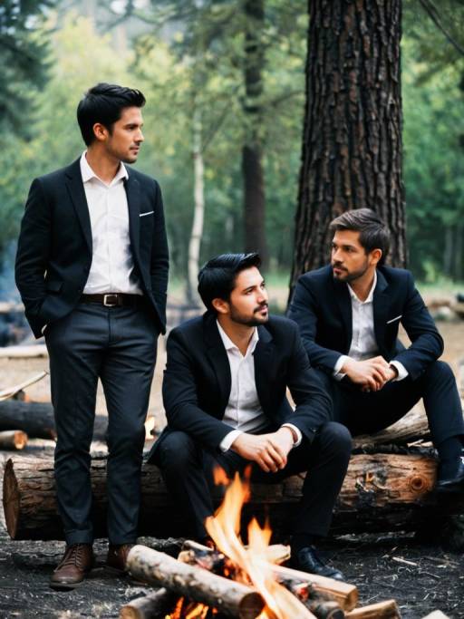 Men in Suits by Campfire in Forest