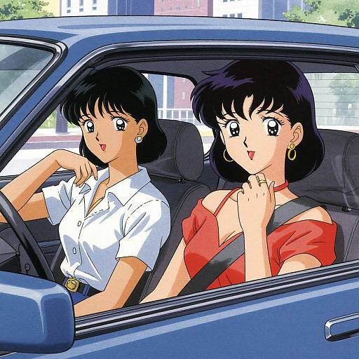 Digital anime-style drawing of two women in a blue car; one in a white shirt drives, the other in a red top sits, both with black
