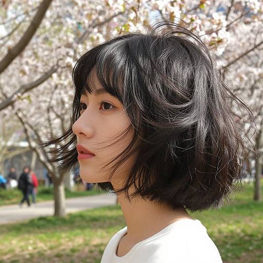 Photograph of an Asian woman with short, wavy black hair, wearing a white shirt, standing in a cherry blossom park. Background includes blurred trees