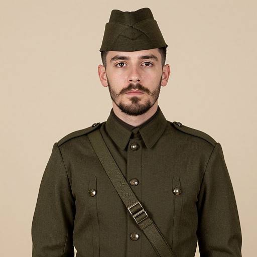 Photograph of a bearded man with light skin, black military-style uniform, black beret, and strap, standing against a plain white background.