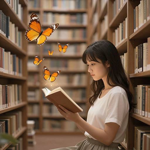 Young Asian woman with long black hair, white blouse, and gray skirt reads book in library, surrounded by glowing orange butterflies.
