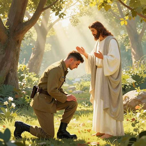 Soldier Kneeling Before Jesus in Garden