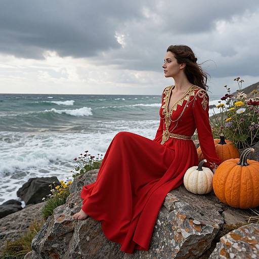 Photograph of a brunette woman in a red, gold-embellished dress, sitting on a rocky shoreline with pumpkins and flowers, looking at