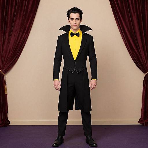 Photograph of a pale-skinned man with black curly hair, wearing a black coat, yellow shirt, black bow tie, and black pants, standing