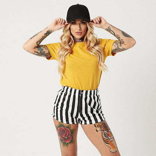Tattooed Woman Adjusting Black Cap