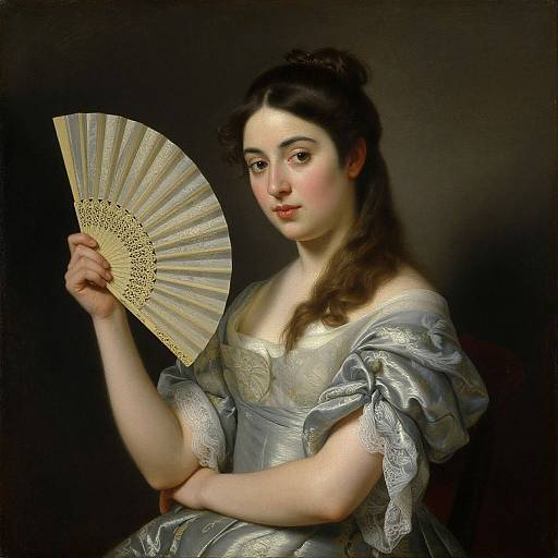 Classical portrait of a fair-skinned woman with dark hair, holding a decorative fan, dressed in an elegant, blue satin gown with lace trim,