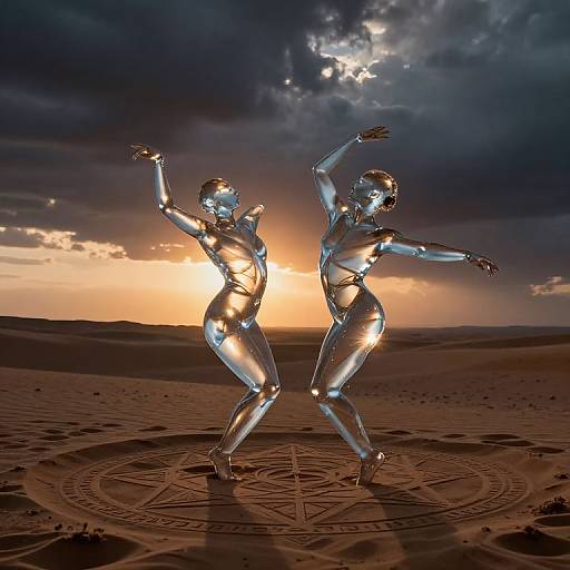 Photorealistic CGI of two metallic, humanoid figures dancing in a desert at sunset, standing on an ancient, circular symbol. Dark clouds illuminate the sky