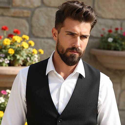 Photograph of a handsome, bearded man with dark hair, wearing a black vest over a white shirt, standing in front of a stone wall with