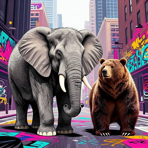 Digital illustration: A large gray elephant with white tusks and a brown bear stand on a vibrant, graffiti-covered city street. Urban skyscrapers and