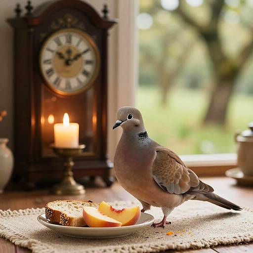 Sunlit Orchard Dove with Antique Clock