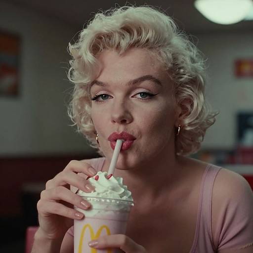 Photograph of a blonde, blue-eyed woman with curled hair, pink lipstick, and hoop earrings, sipping from a McDonald's milkshake cup.