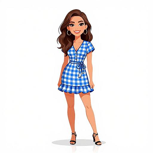 Digital illustration of a smiling brunette woman with long wavy hair, wearing a blue and white checkered dress and black heels. She stands against a plain