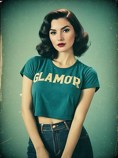 Young woman in vintage style cropped t-shirt and denim shorts
