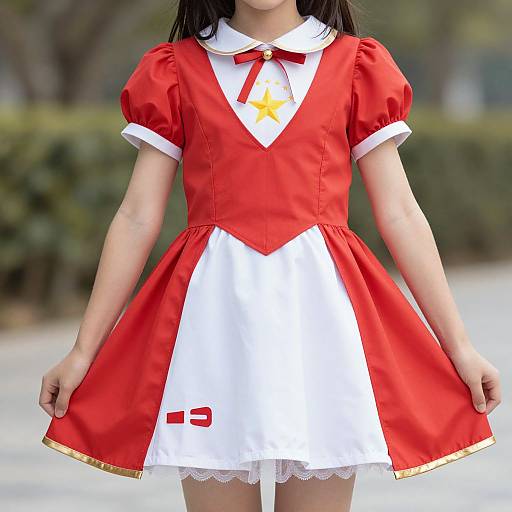 Photograph of an Asian woman wearing a red and white short-sleeved, puffed-sleeve, A-line dress with a white lace hem