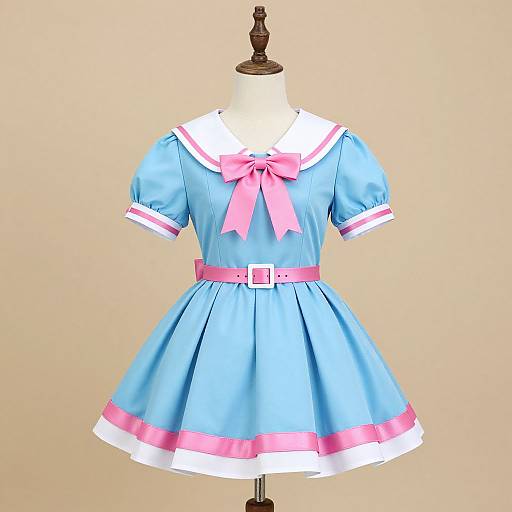 Photograph of a vintage-style, light blue dress with white trim, pink bow, and pink belt, displayed on a mannequin against a beige