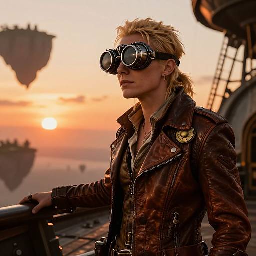 Digital art of a blonde, steampunk pilot with goggles, brown leather jacket, and chest emblem, standing on a floating ship at sunset. Floating
