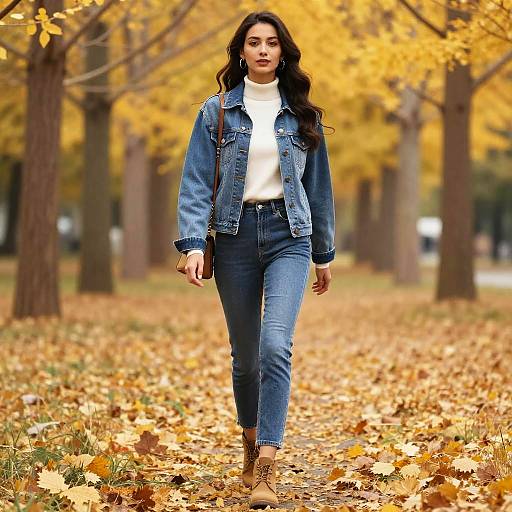 Photograph of a confident woman with long dark hair, wearing a denim jacket, white sweater, blue jeans, and brown boots, walking through a golden