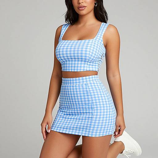 Photograph of a woman with medium brown skin, black hair, wearing a blue and white checkered crop top and mini skirt, standing against a plain