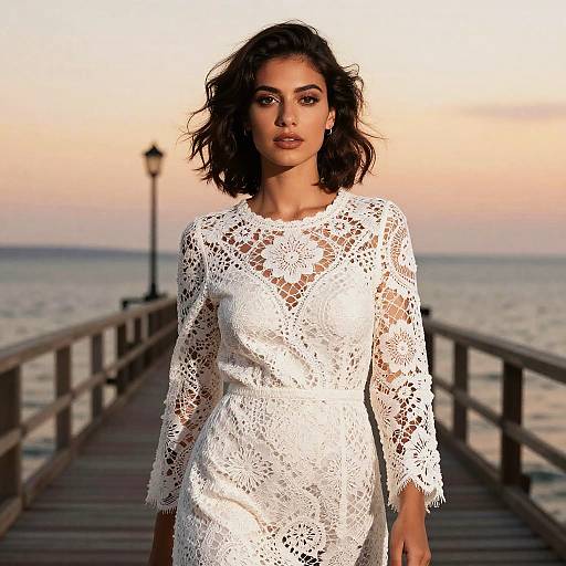 Photograph of a woman with dark, wavy hair wearing a white lace dress, standing on a wooden pier at sunset.