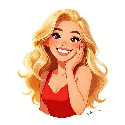 Cheerful Blonde Woman in Red Dress