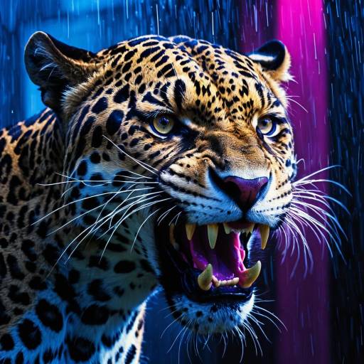 Fierce snarling jaguar with neon rain lighting