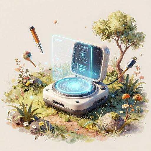 Futuristic AI Device with Holographic Display in Nature