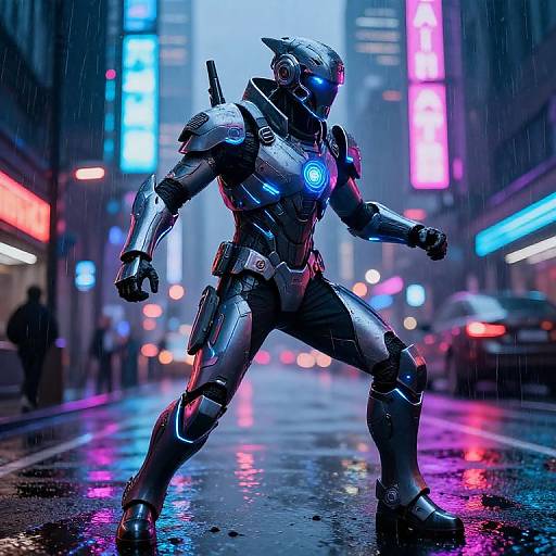 Cyborg warrior stands in neon-lit, rain-soaked urban street, glowing blue chest emblem, futuristic armor, vibrant city lights, dynamic pose.