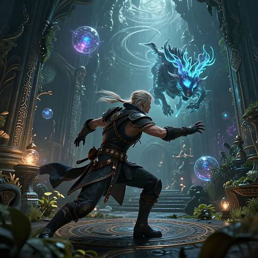 Digital fantasy artwork: Muscular, armored warrior with white hair, facing glowing blue dragon in ancient, mystical hall with glowing orbs and luminescent plants