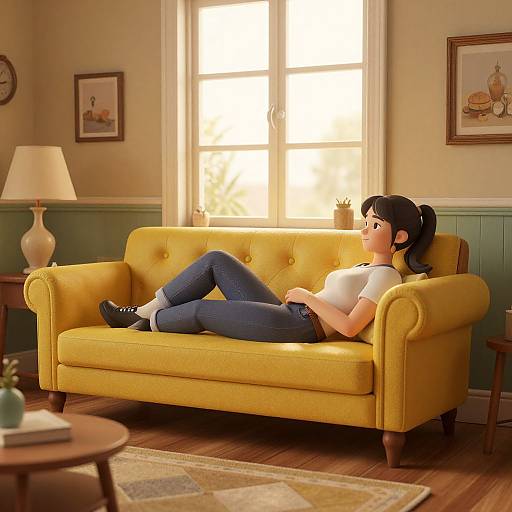 CGI image of a young woman with black hair in a ponytail, white top, blue jeans, and black shoes, relaxing on a yellow sofa