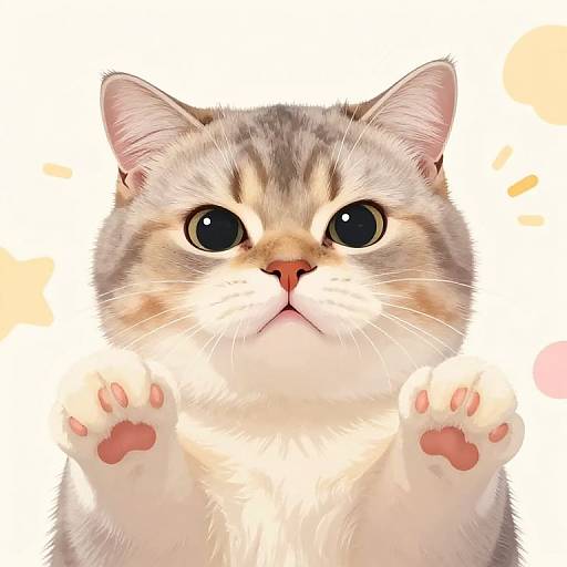Digital illustration of a fluffy, gray and white tabby kitten with wide, black eyes, raised pink paw pads, and a surprised expression against a white