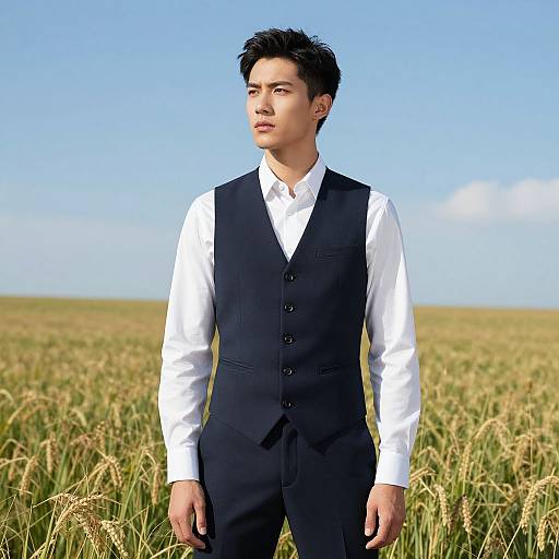 Photorealistic image of an Asian man with short black hair, wearing a white shirt and black vest, standing in a golden wheat field under a clear