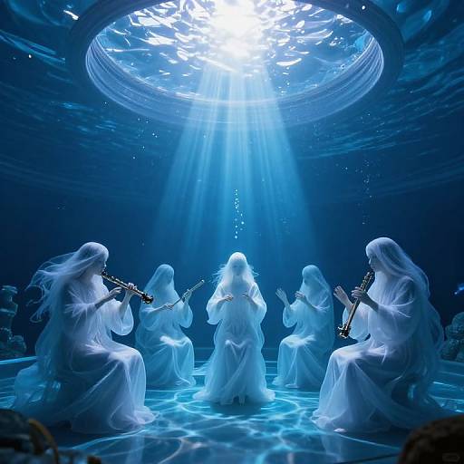 Digital art of six ethereal white-robed figures playing musical instruments beneath a circular, radiant blue light in an underwater-like setting.