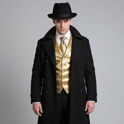 Photograph of a young man with pale skin, wearing a black fedora, black overcoat, white shirt, and gold vest, standing against a