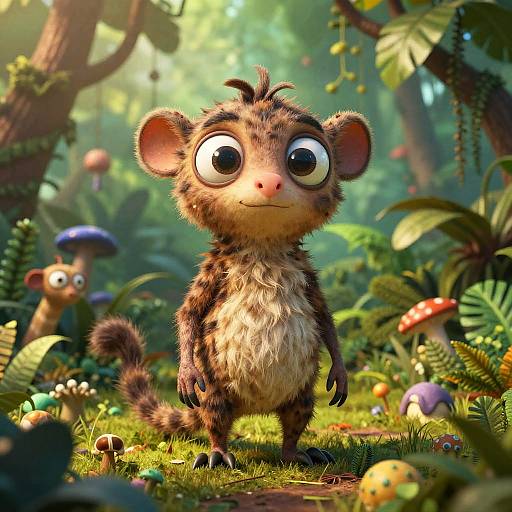 CGI image of a cute, big-eyed, fluffy, brown-and-tan forest creature with a striped tail, standing in a vibrant, enchanted forest
