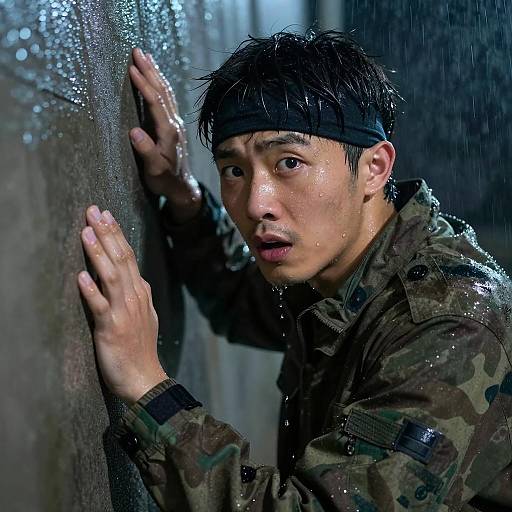 Surprised Man Against Rainy Wall