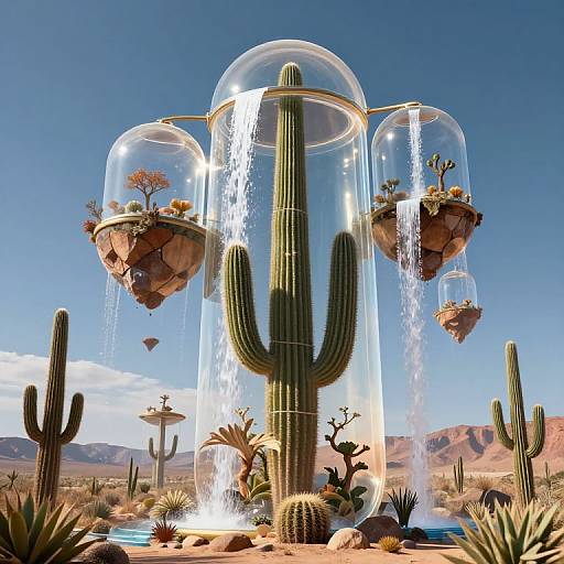 Photograph-like CGI: Tall cacti in transparent domes with waterfalls, floating mini-ecosystems, desert landscape, blue sky,